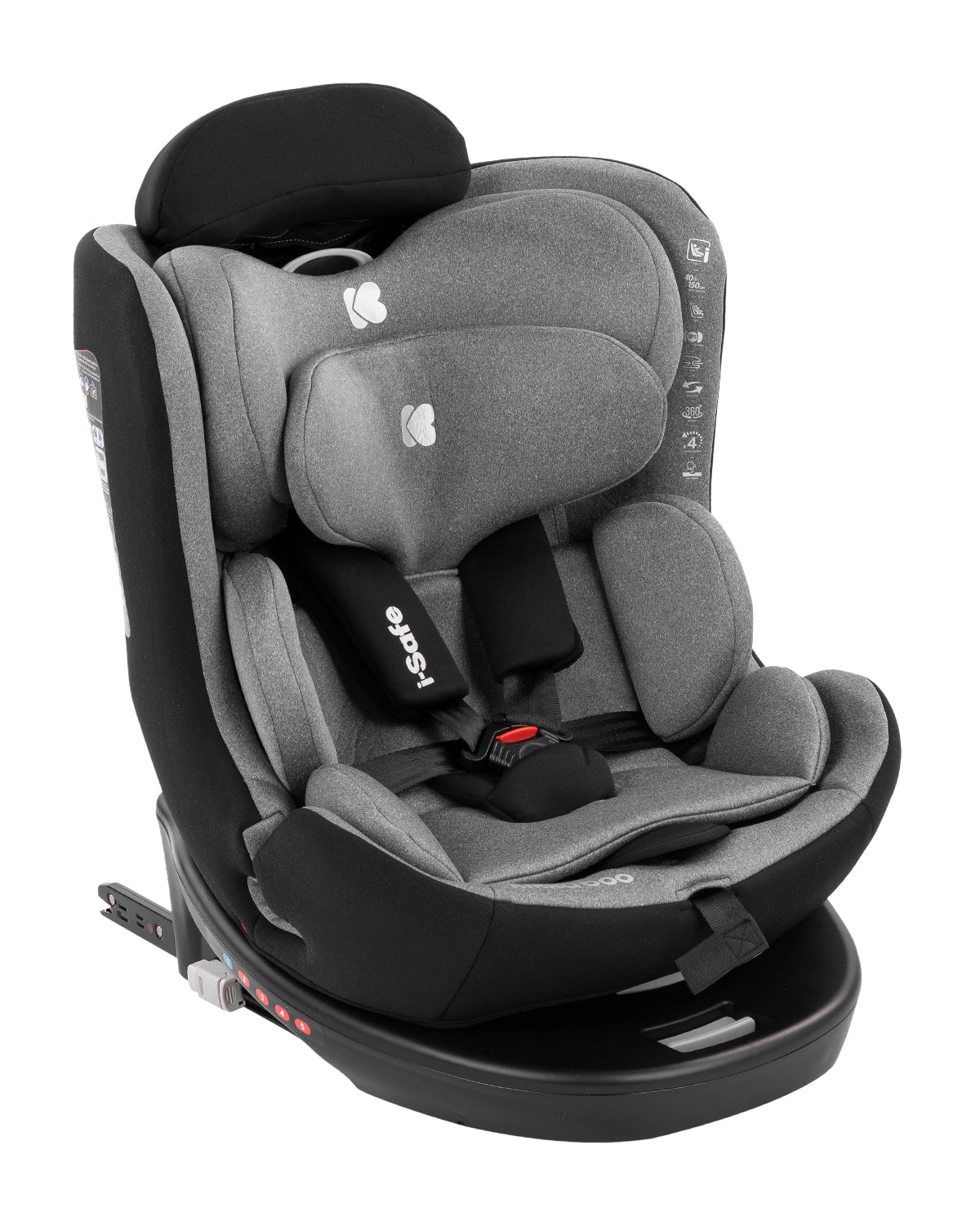 Cadeira auto Kikkaboo i-Safe rotativa 360º em cinzento e preto, com redutor de recém-nascido e arnês de 5 pontos, isolada em fundo branco.