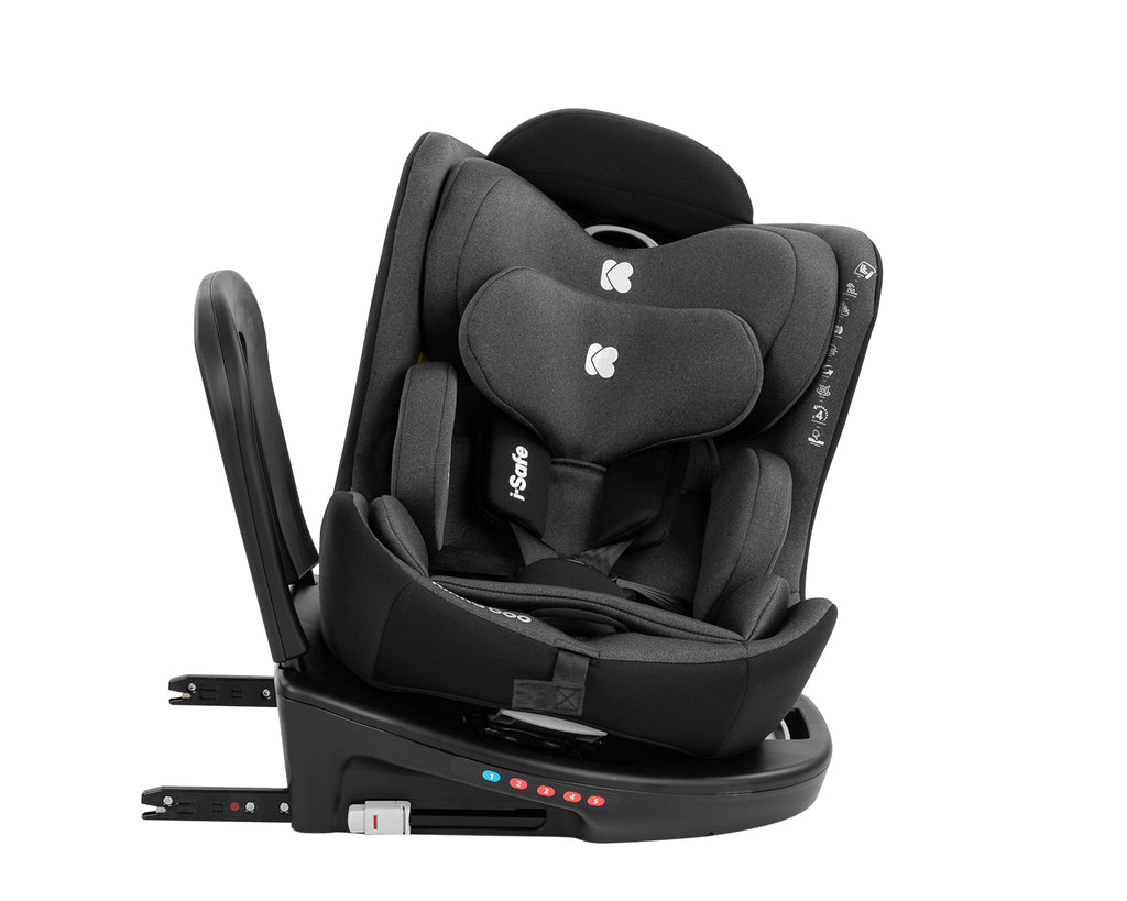 Cadeira auto Kikkaboo i-Safe em posição inclinada (contra marcha), com a perna de apoio estendida, pronta para instalação no veículo.