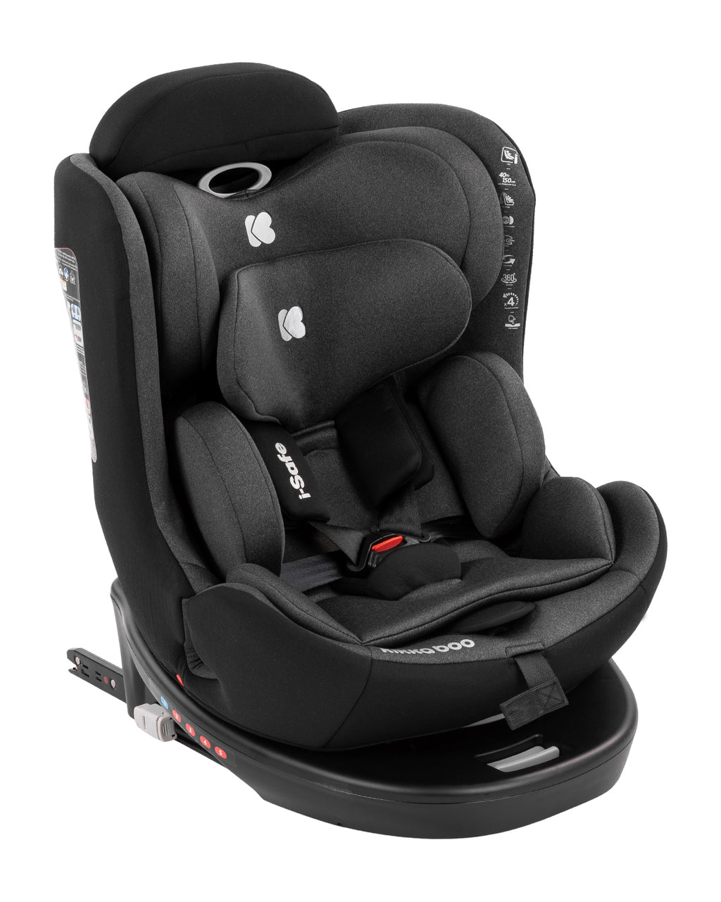 Cadeira auto Kikkaboo i-Safe preta, vista frontal, com redutor de recém-nascido e arnês de 5 pontos visíveis.