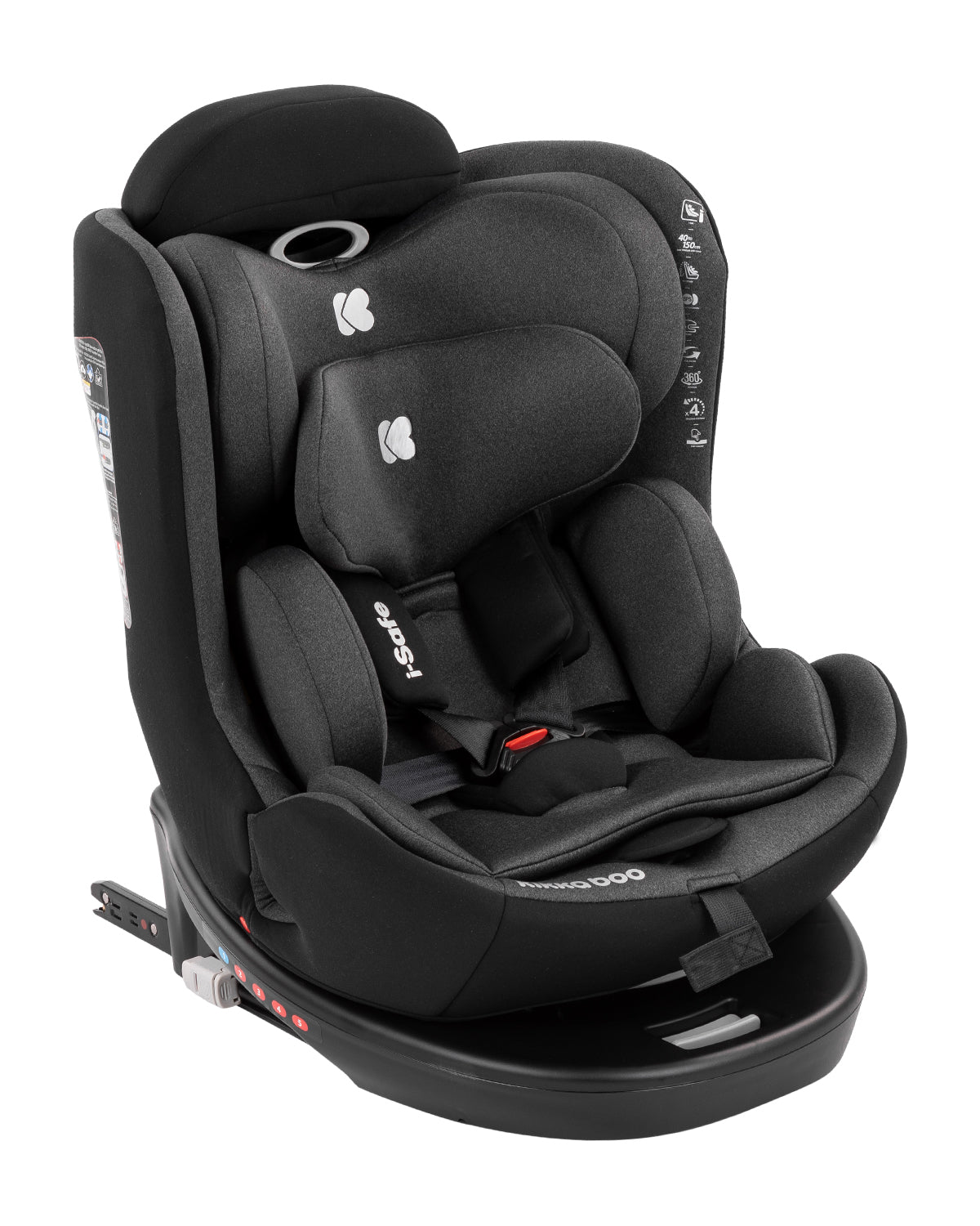 Cadeira auto Kikkaboo i-Safe preta, vista frontal, com redutor de recém-nascido e arnês de 5 pontos visíveis.
