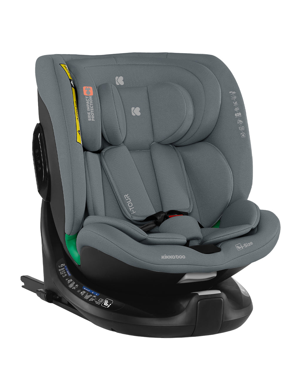 Cadeira auto Kikkaboo i-Tour cinza, com rotação 360º, arnês de 5 pontos e proteção lateral SPS.