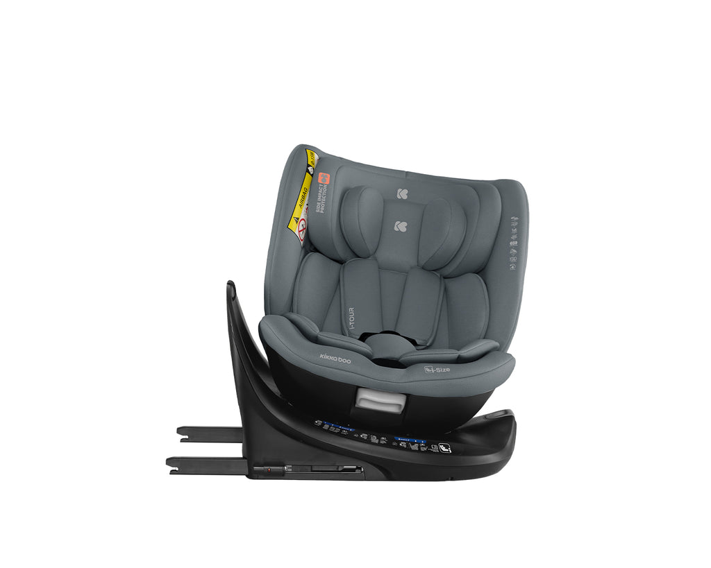 Cadeira auto Kikkaboo i-Tour em cinza, vista frontal, com redutor de recém-nascido e etiqueta de segurança AIRBAG visível.