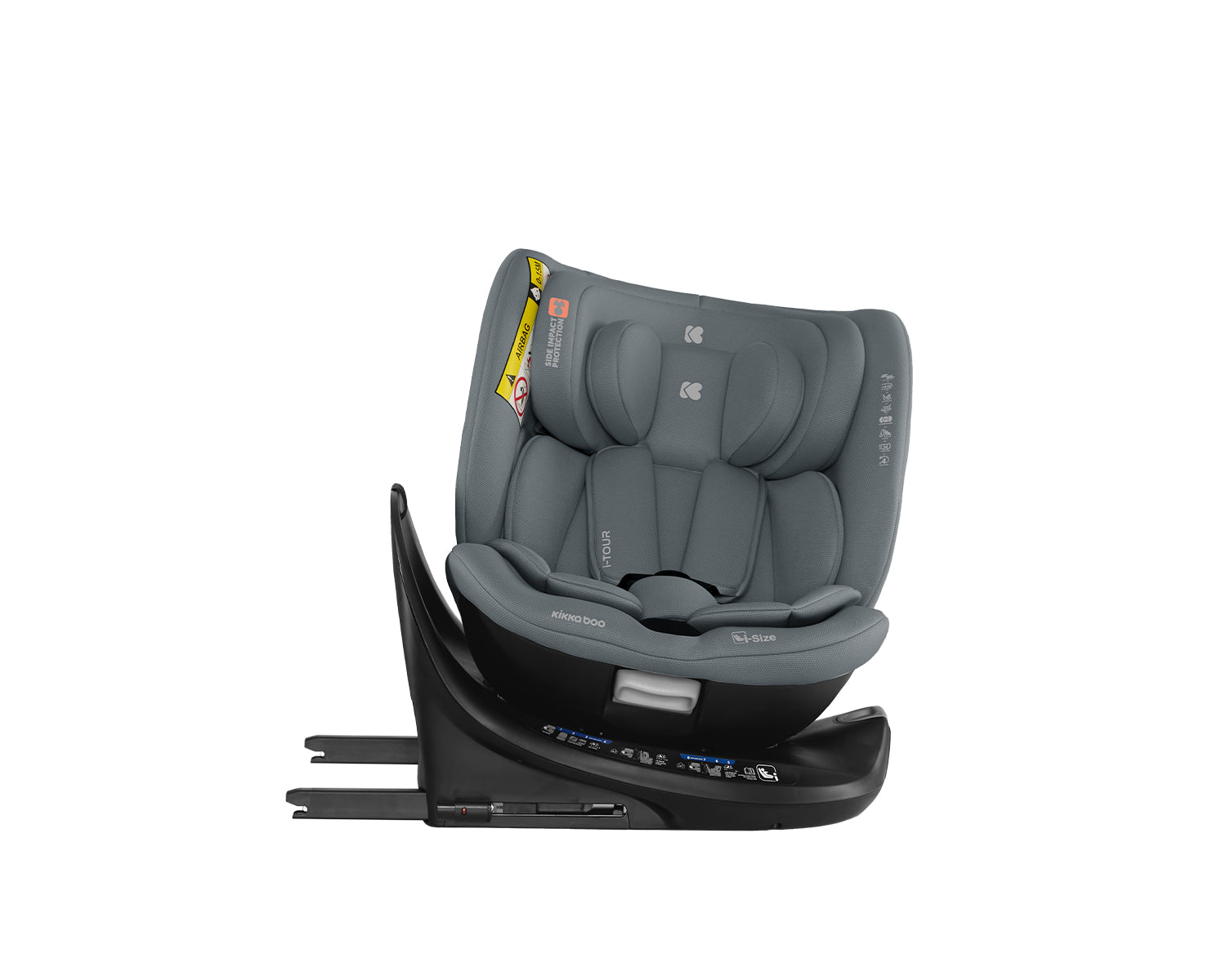 Cadeira auto Kikkaboo i-Tour em cinza, vista frontal, com redutor de recém-nascido e etiqueta de segurança AIRBAG visível.