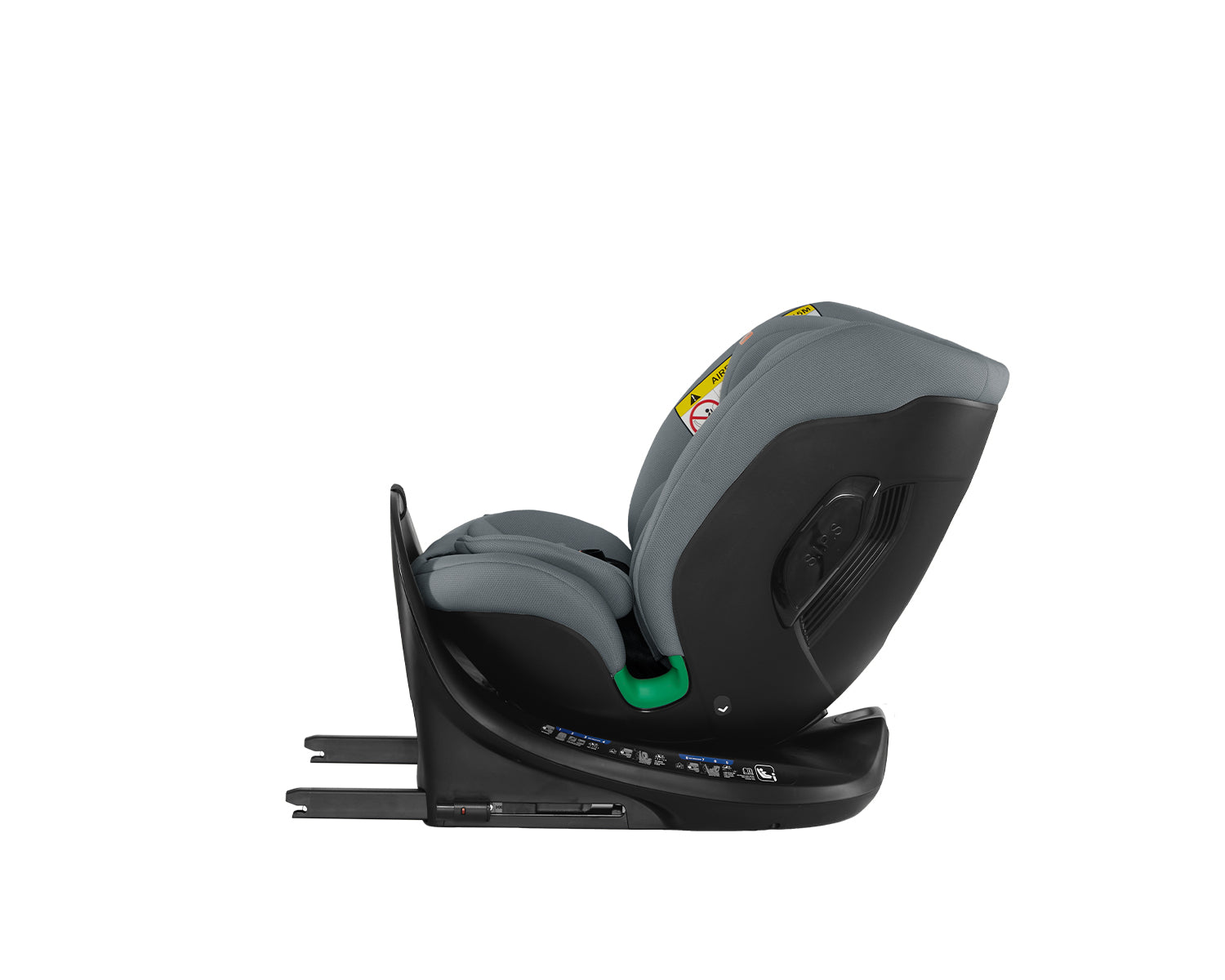 Cadeira auto Kikkaboo i-Tour de lado, inclinada para trás, destacando a proteção lateral SPS e o mecanismo de rotação 360º.