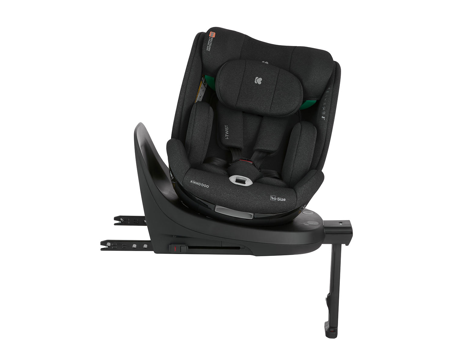 Cadeira auto Kikkaboo i-Twist preta, em ângulo, mostrando a base rotativa 360º e a perna de apoio ISOFIX.
