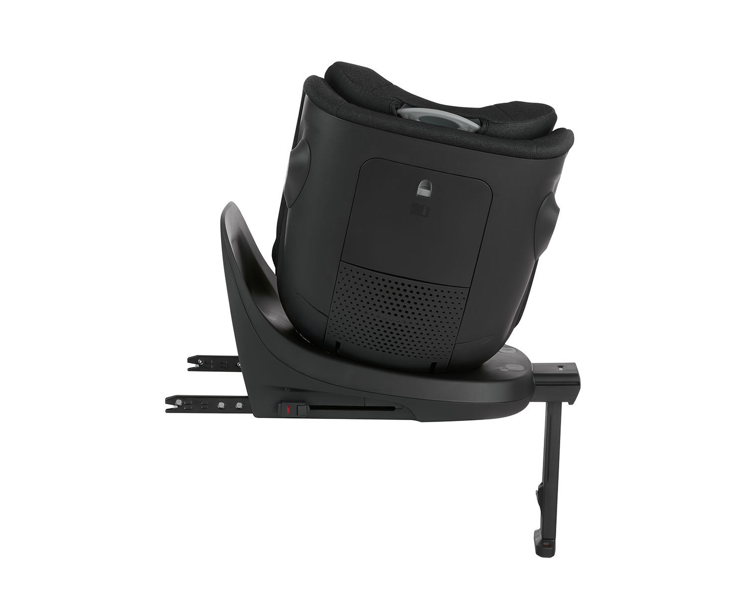 Vista traseira da cadeira auto Kikkaboo i-Twist preta, destacando a ventilação na carcaça e a estrutura da base de rotação ISOFIX.