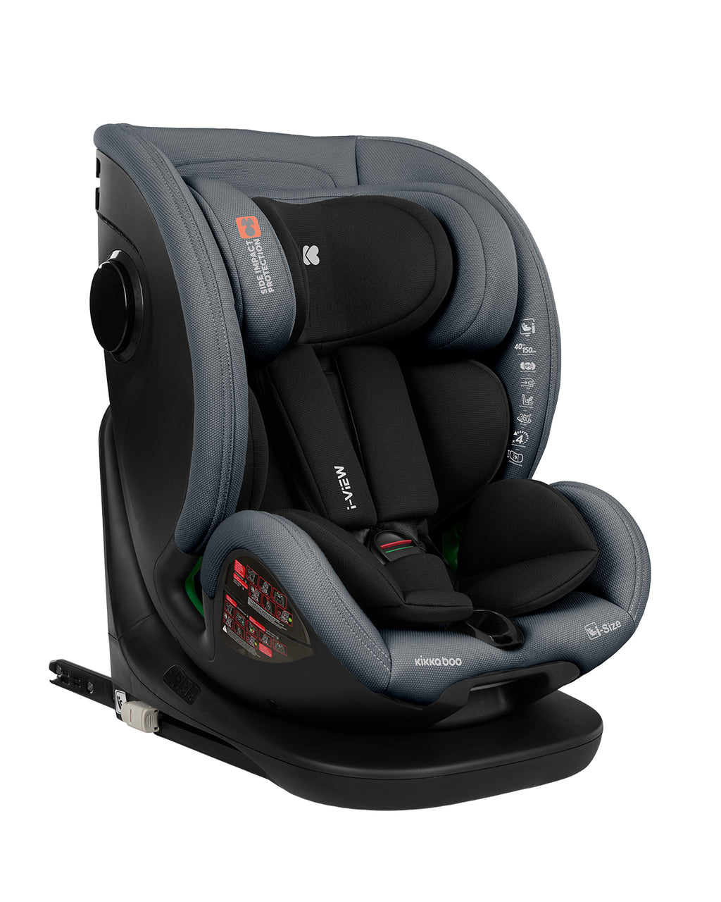 Cadeira auto Kikkaboo i-View 40-150 em ângulo, mostrando a rotação 360º, o tecido cinzento e os indicadores de altura na lateral.