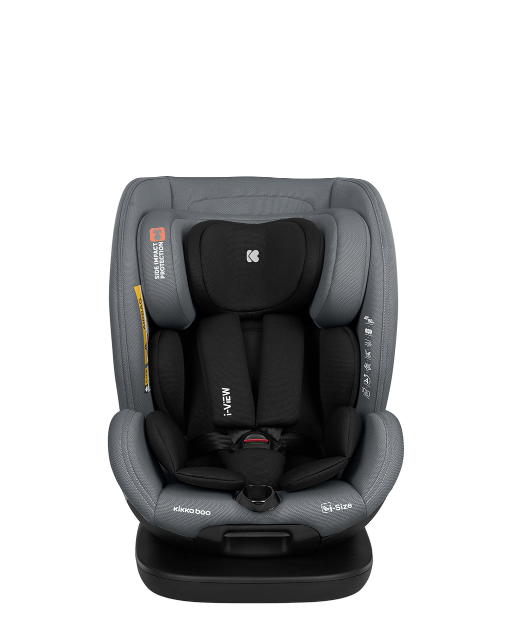 Vista frontal da cadeira auto Kikkaboo i-View 40-150 cinzenta, com redutor de recém-nascido e arnês de 5 pontos, destacando a proteção lateral.