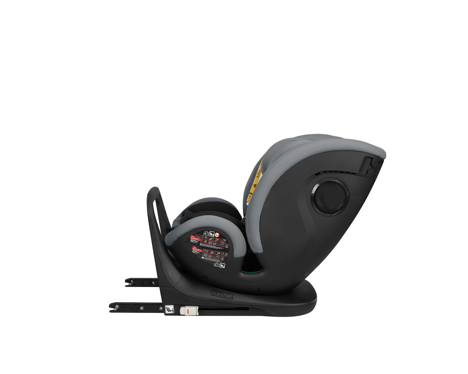 Vista lateral da cadeira auto Kikkaboo i-View 40-150 em cinzento e preto, mostrando a base ISOFIX e a posição reclinada contra marcha.
