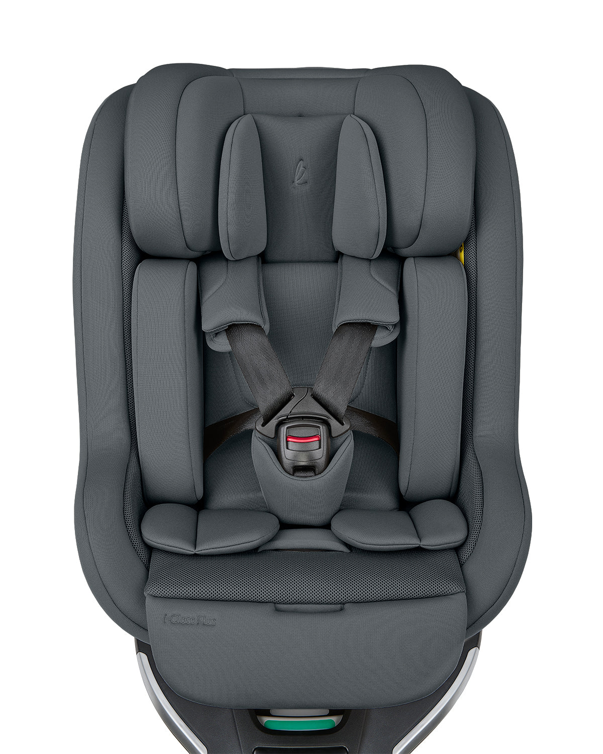 Vista frontal detalhada da cadeira auto Kikkaboo i-Class Plus em cor cinzenta escura, focando no arnês de 5 pontos e redutor.