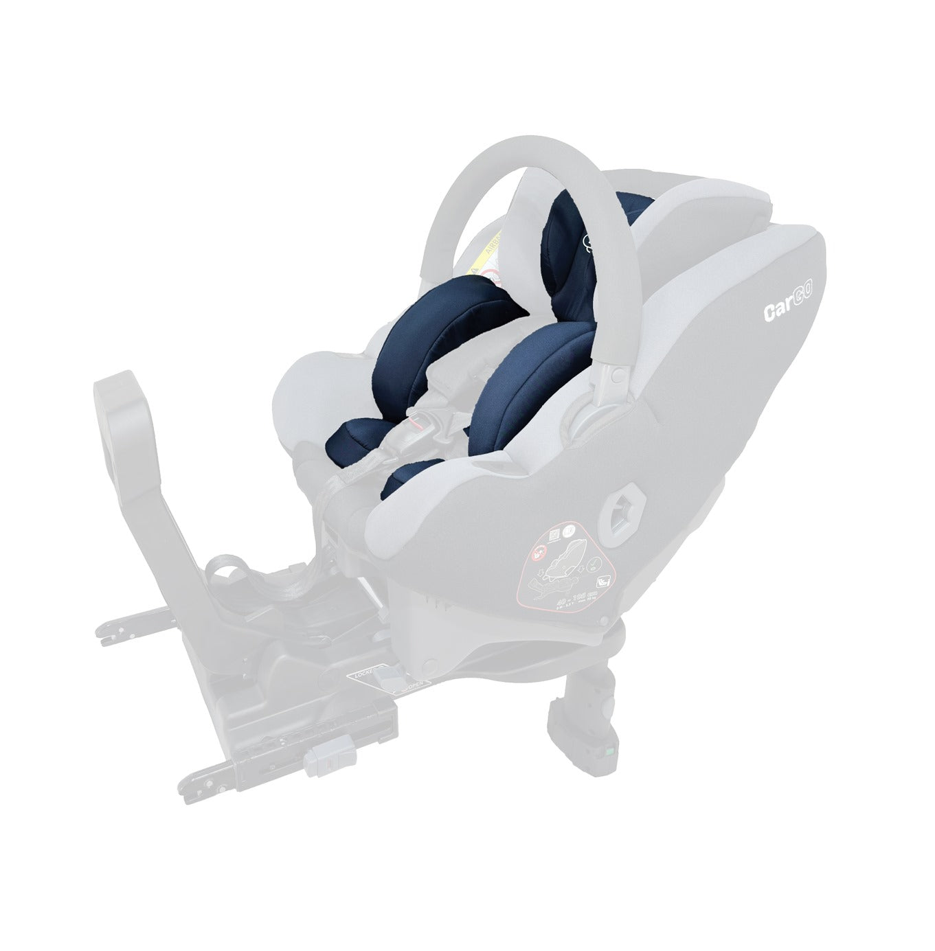 Cadeira auto Klippan CarGO com redutor de recém-nascido azul-marinho, vista lateral com base Isofix desfocada.