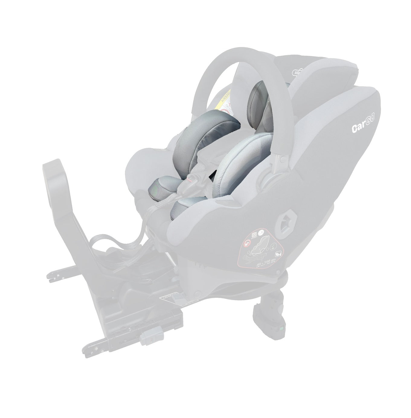 Cadeira auto Klippan CarGO com redutor cinzento claro, vista lateral com base Isofix desfocada ao fundo.