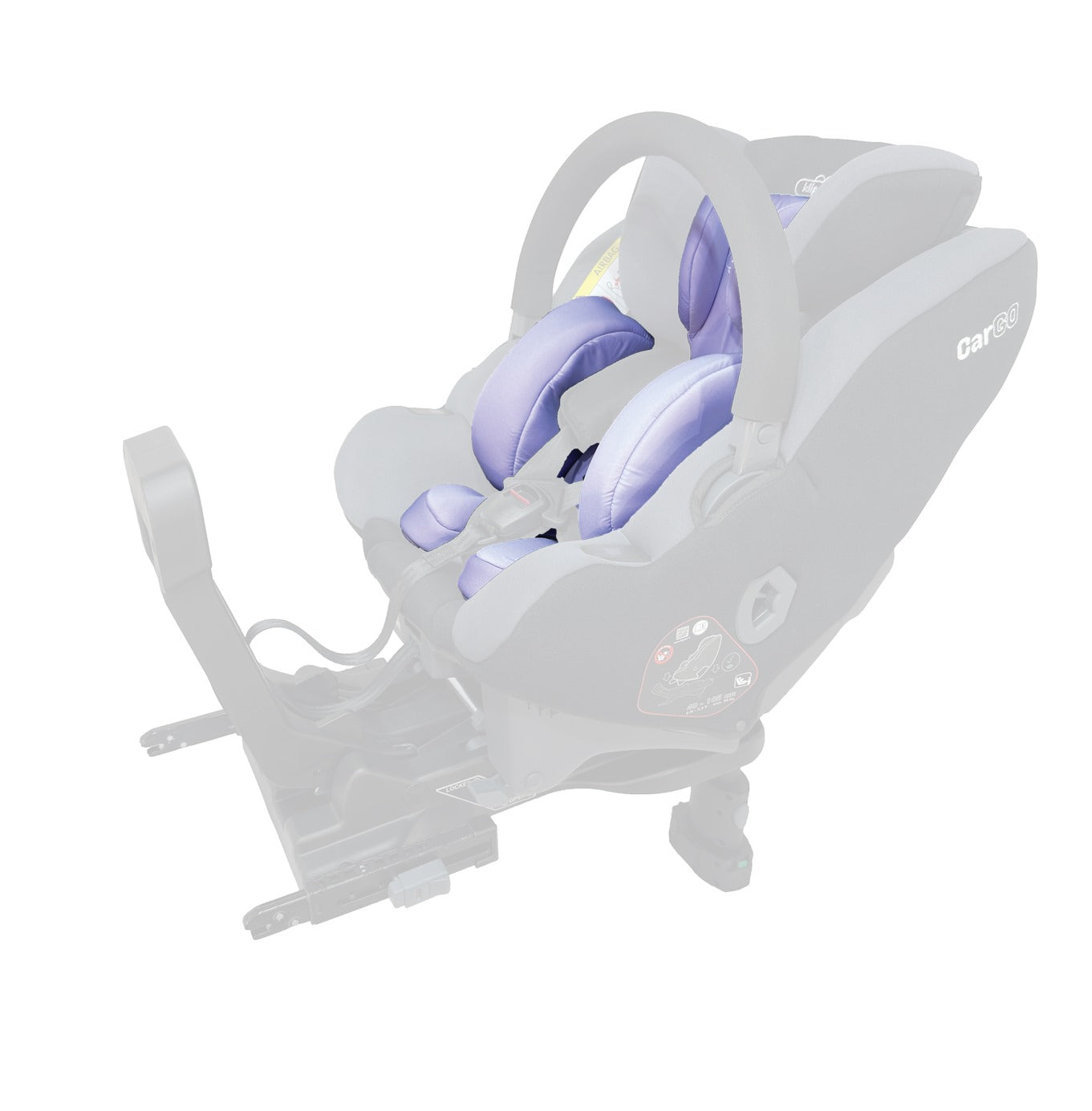 Cadeira auto Klippan CarGO com redutor de recém-nascido lilás/roxo claro, vista lateral com base Isofix desfocada.