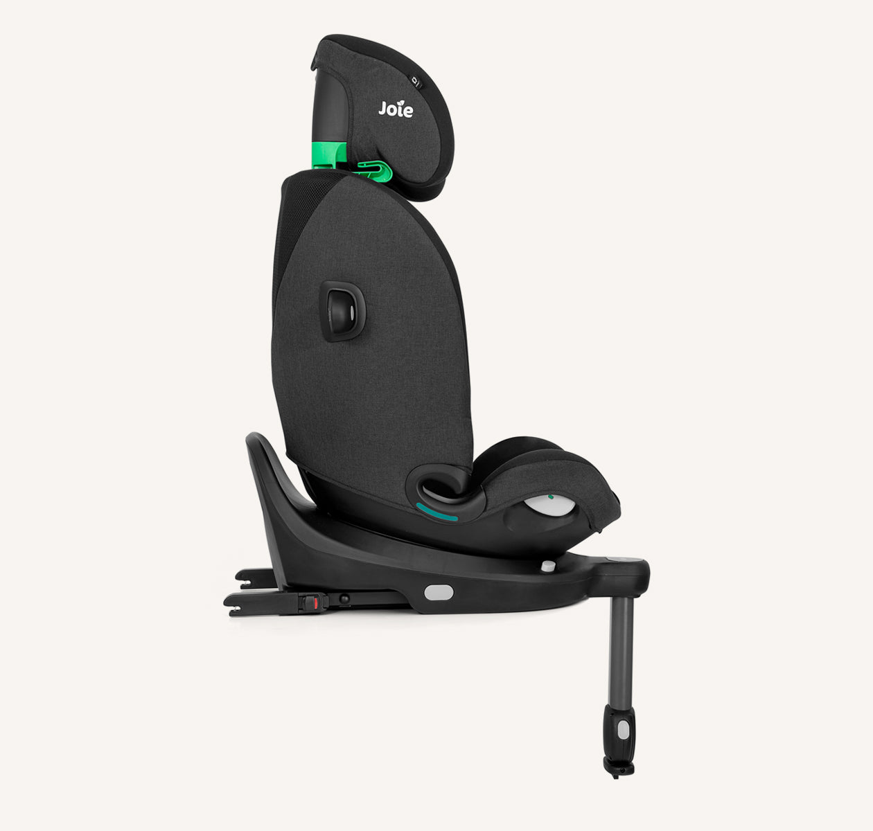 Cadeira auto Joie i-Pivot Grow preta, vista lateral, com apoio de cabeça ajustado ao máximo, evidenciando o sistema de ajuste Grow Together™ em verde.