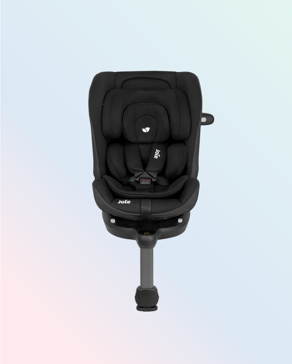 Cadeira auto Joie i-Pivot Grow preta, vista frontal, com base ISOFIX e perna de apoio, sobre fundo degradê suave.