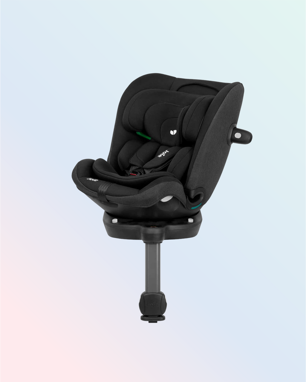 Cadeira auto Joie i-Pivot Grow preta, vista lateral inclinada, mostrando a rotação da base e o apoio de cabeça ajustável.