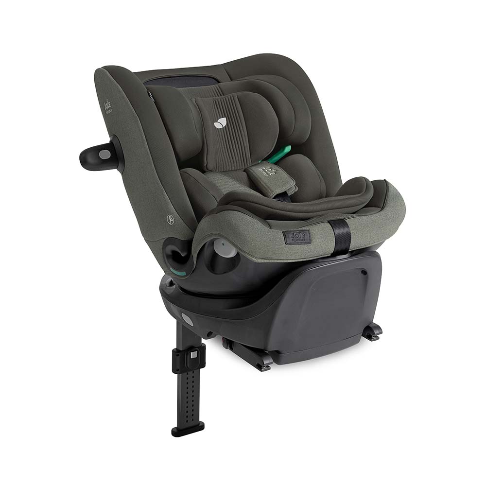 Cadeira auto Joie i-Spin XL Signature em tecido cinzento-esverdeado, com redutor de recém-nascido e encosto de cabeça Tri-Protect™ visível.