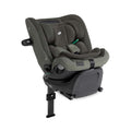 Cadeira auto Joie i-Spin XL Signature em tecido cinzento-esverdeado, com redutor de recém-nascido e encosto de cabeça Tri-Protect™ visível.