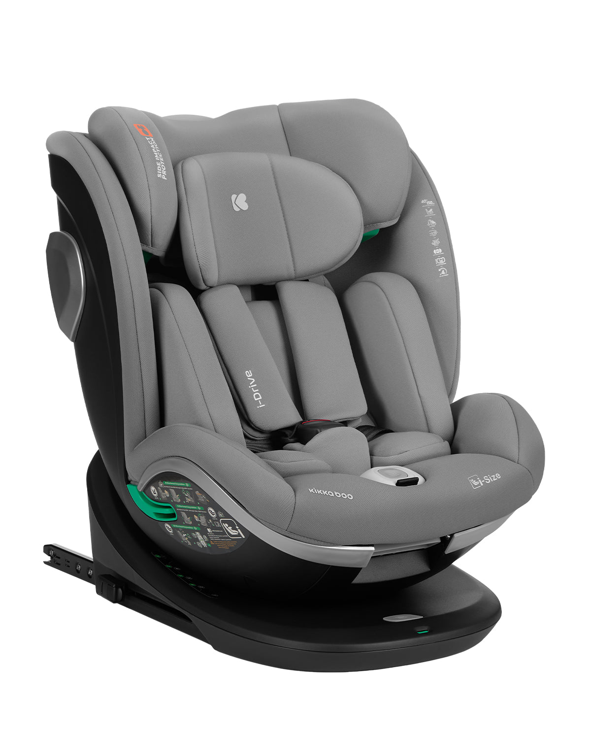 Cadeira auto Kikkaboo i-Drive 40-150 cm cinzenta, com rotação 360º, arnês de 5 pontos e base ISOFIX.