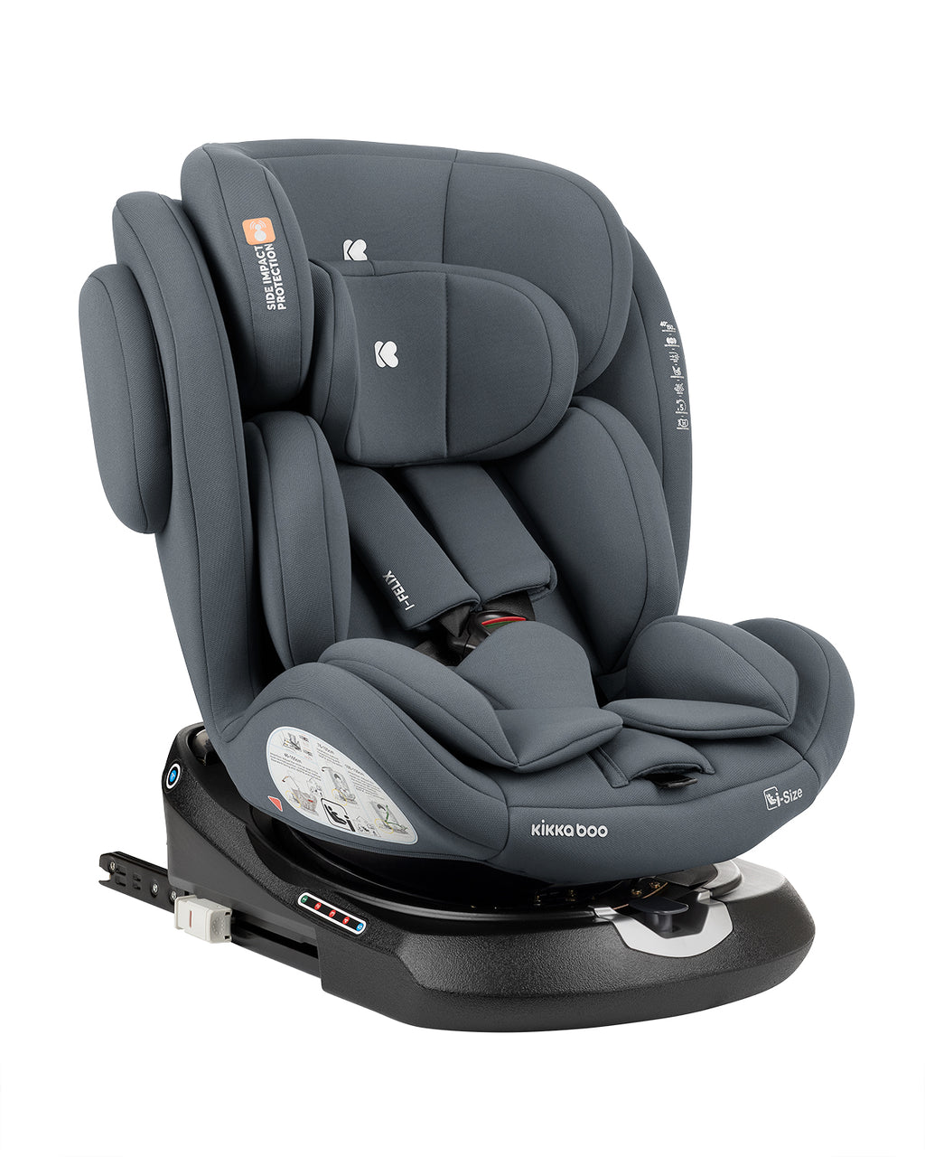 Cadeira auto Kikkaboo i-Felix 40-150 cinzenta, vista em ângulo, com base giratória e acolchoamento lateral.
