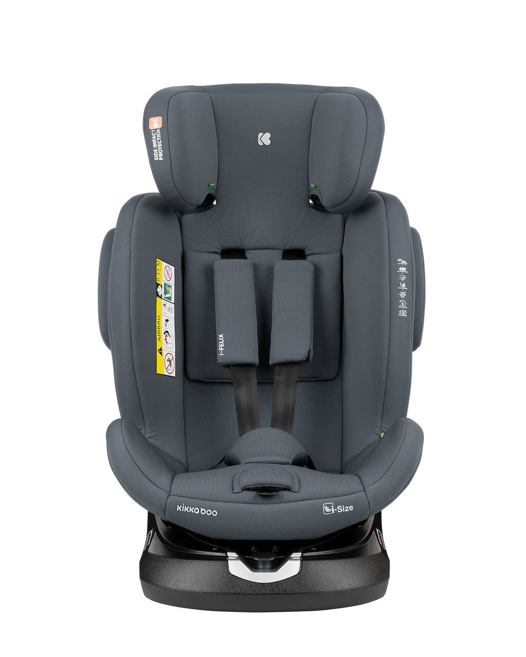Cadeira auto Kikkaboo i-Felix cinzenta, vista frontal, com o arnês de 5 pontos ajustado e encosto de cabeça visível.