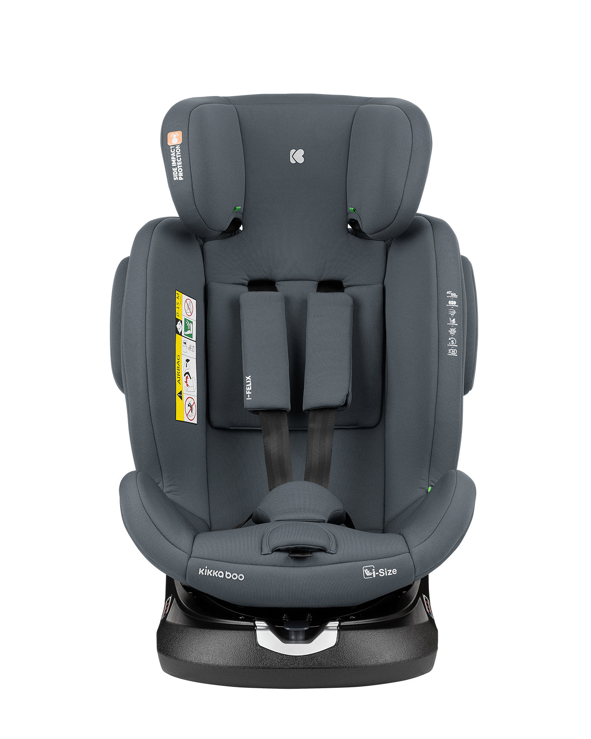 Cadeira auto Kikkaboo i-Felix cinzenta, vista frontal, com o arnês de 5 pontos ajustado e encosto de cabeça visível.