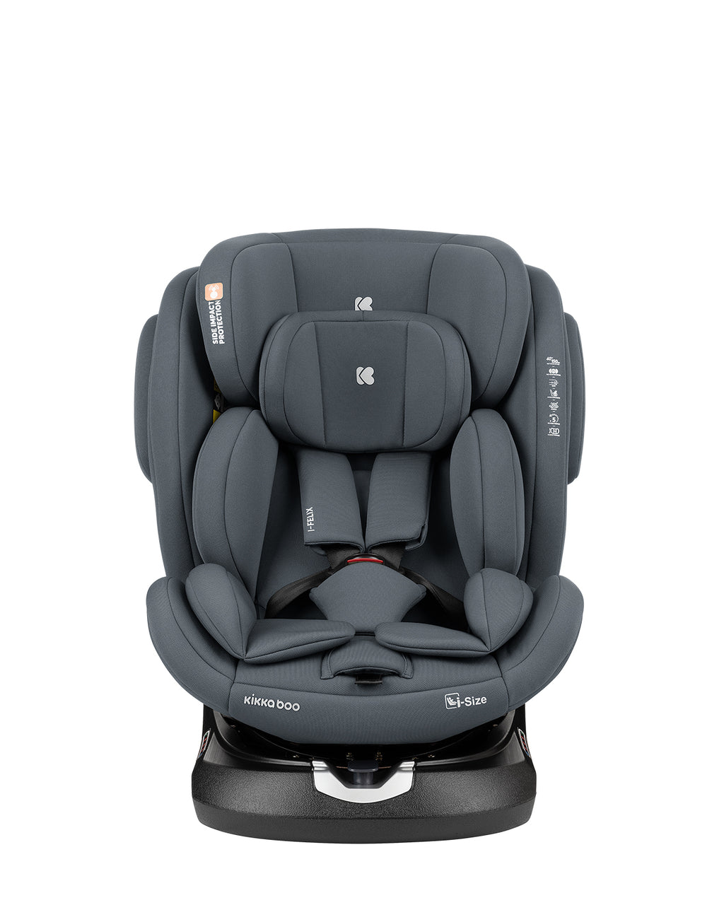 Cadeira auto Kikkaboo i-Felix cinzenta, vista frontal, com redutor de recém-nascido e arnês de 5 pontos visível.