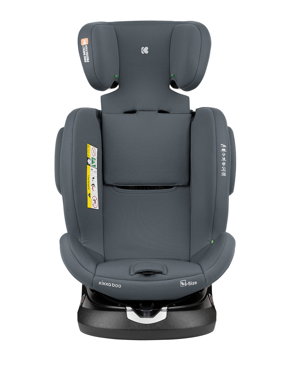 Cadeira auto Kikkaboo i-Felix cinzenta, vista frontal, com o encosto de cabeça totalmente elevado, sem redutor de corpo.