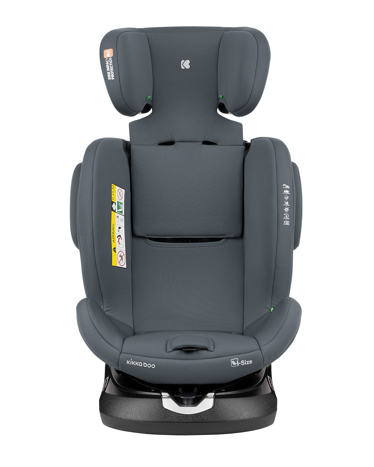 Cadeira auto Kikkaboo i-Felix cinzenta, vista frontal, com o encosto de cabeça totalmente elevado, sem redutor de corpo.