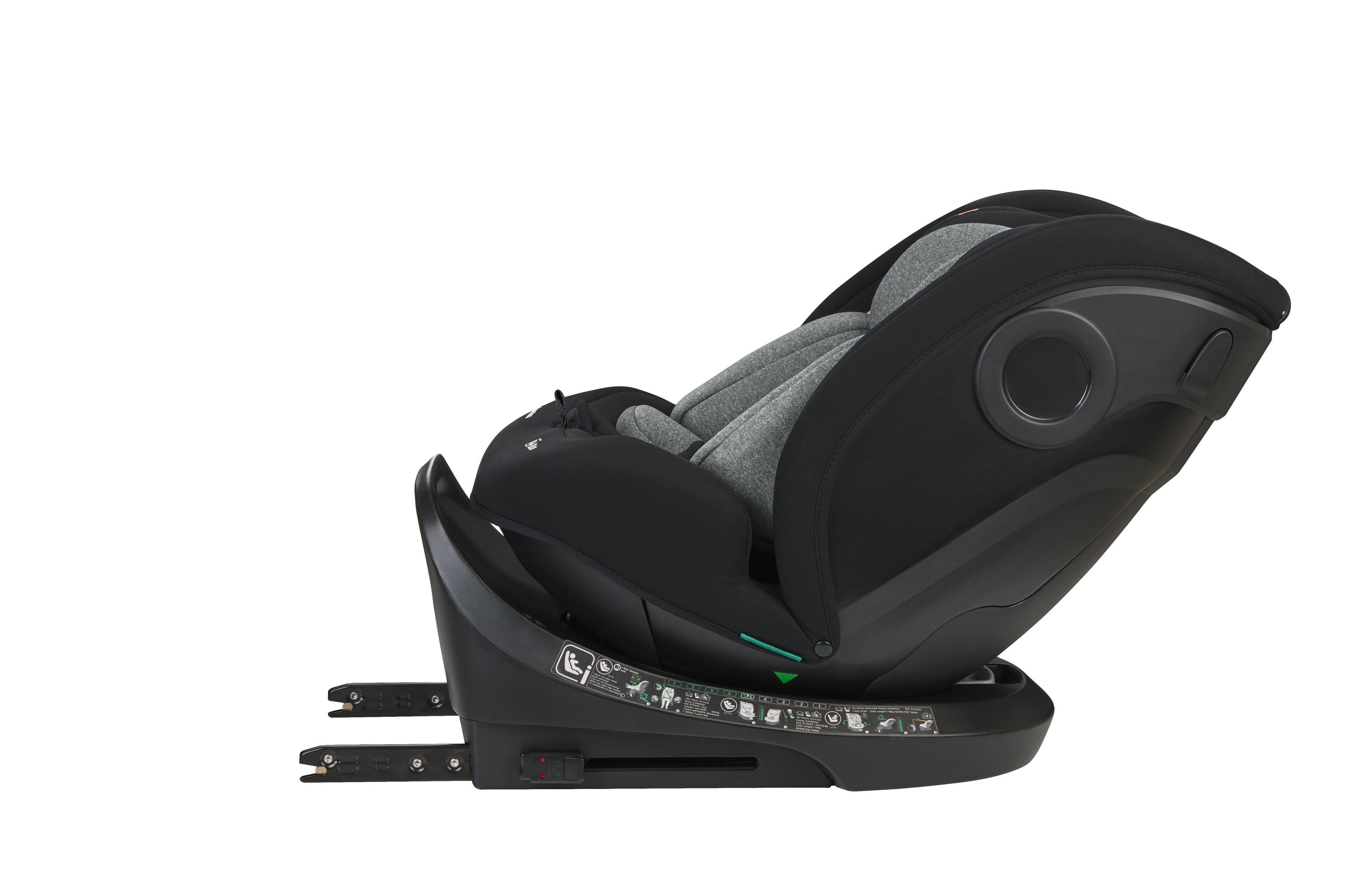 Detalhe da base da cadeira auto Kikkaboo i-Hike, exibindo os indicadores e alavancas de ajuste ISOFIX e pata de apoio.