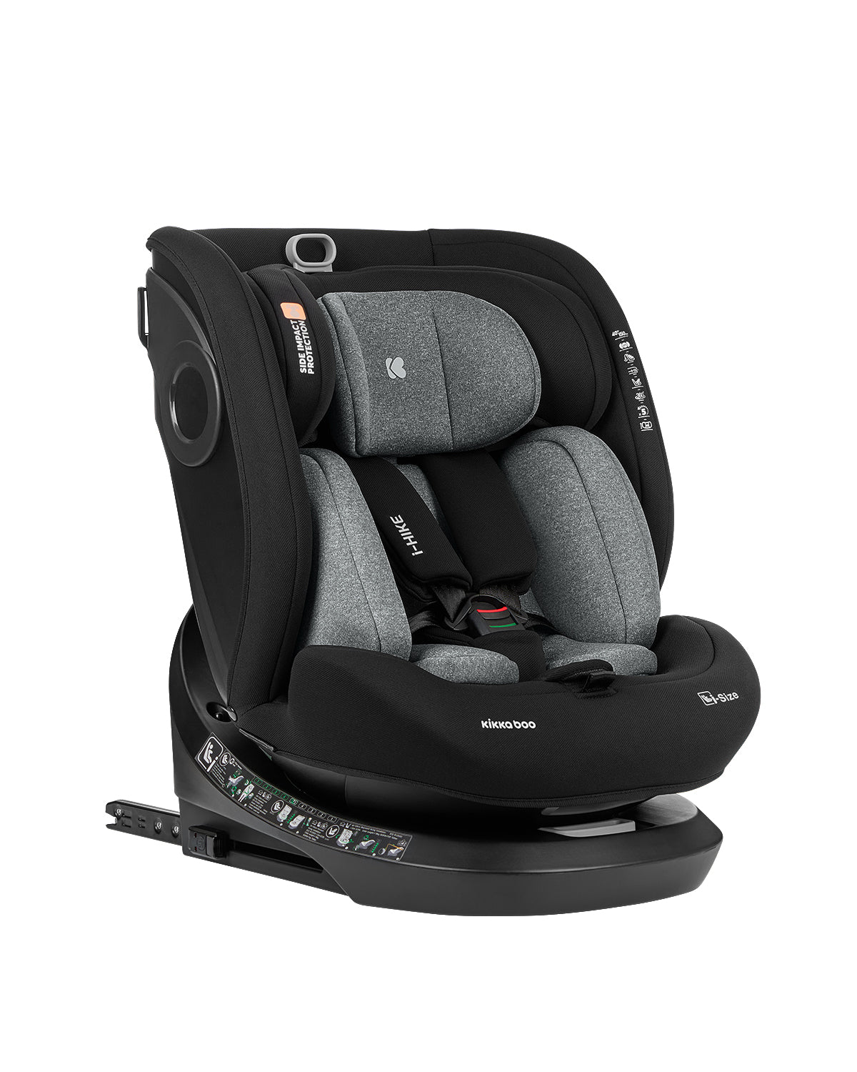 Cadeira auto Kikkaboo i-Hike preta e cinza, vista frontal, focada no apoio de cabeça ajustável, arnês e proteção lateral SPS.