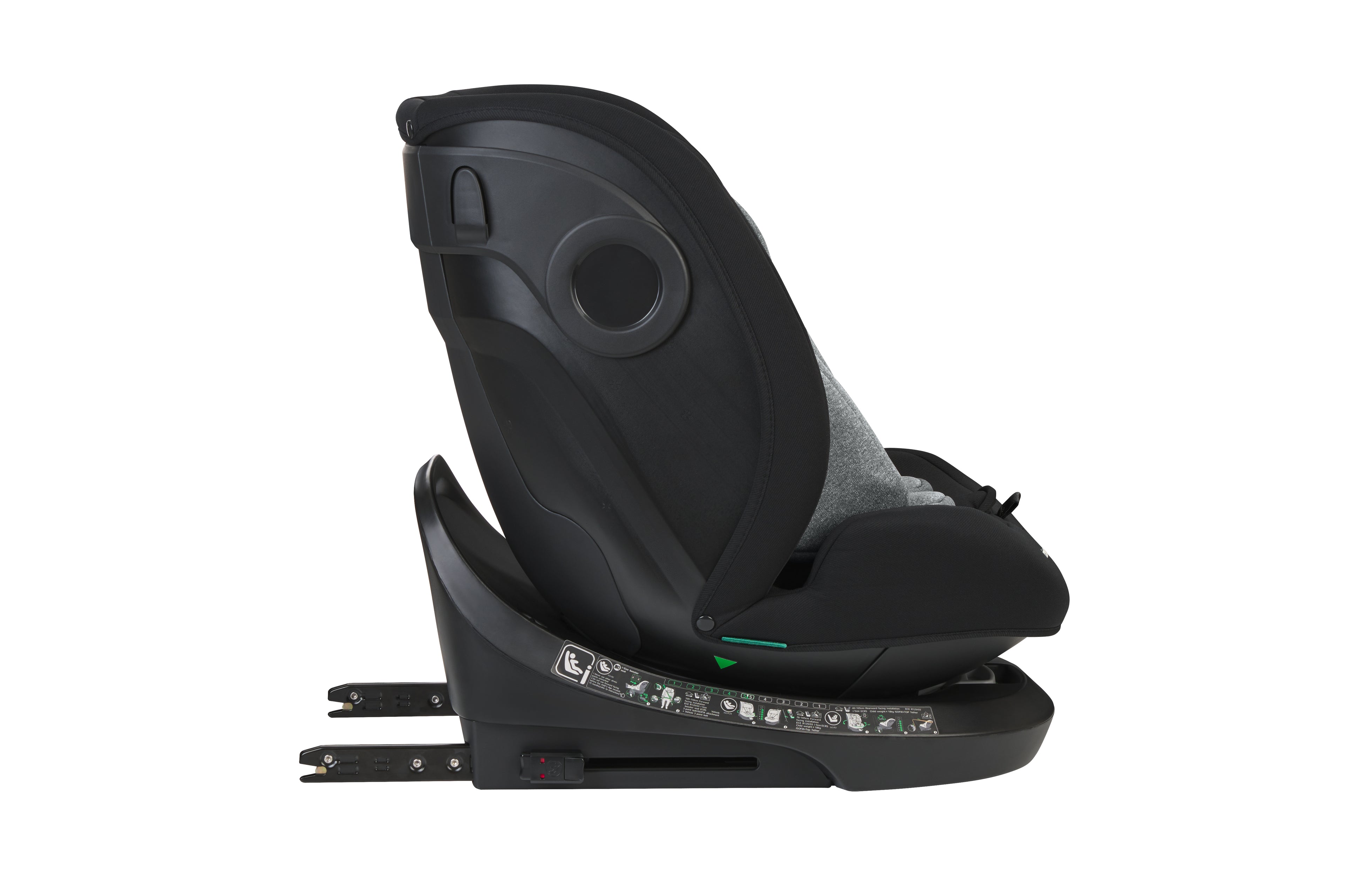 Detalhe lateral da cadeira auto Kikkaboo i-Hike, focando no apoio de cabeça ajustável e no sistema de proteção lateral integrado na estrutura preta.