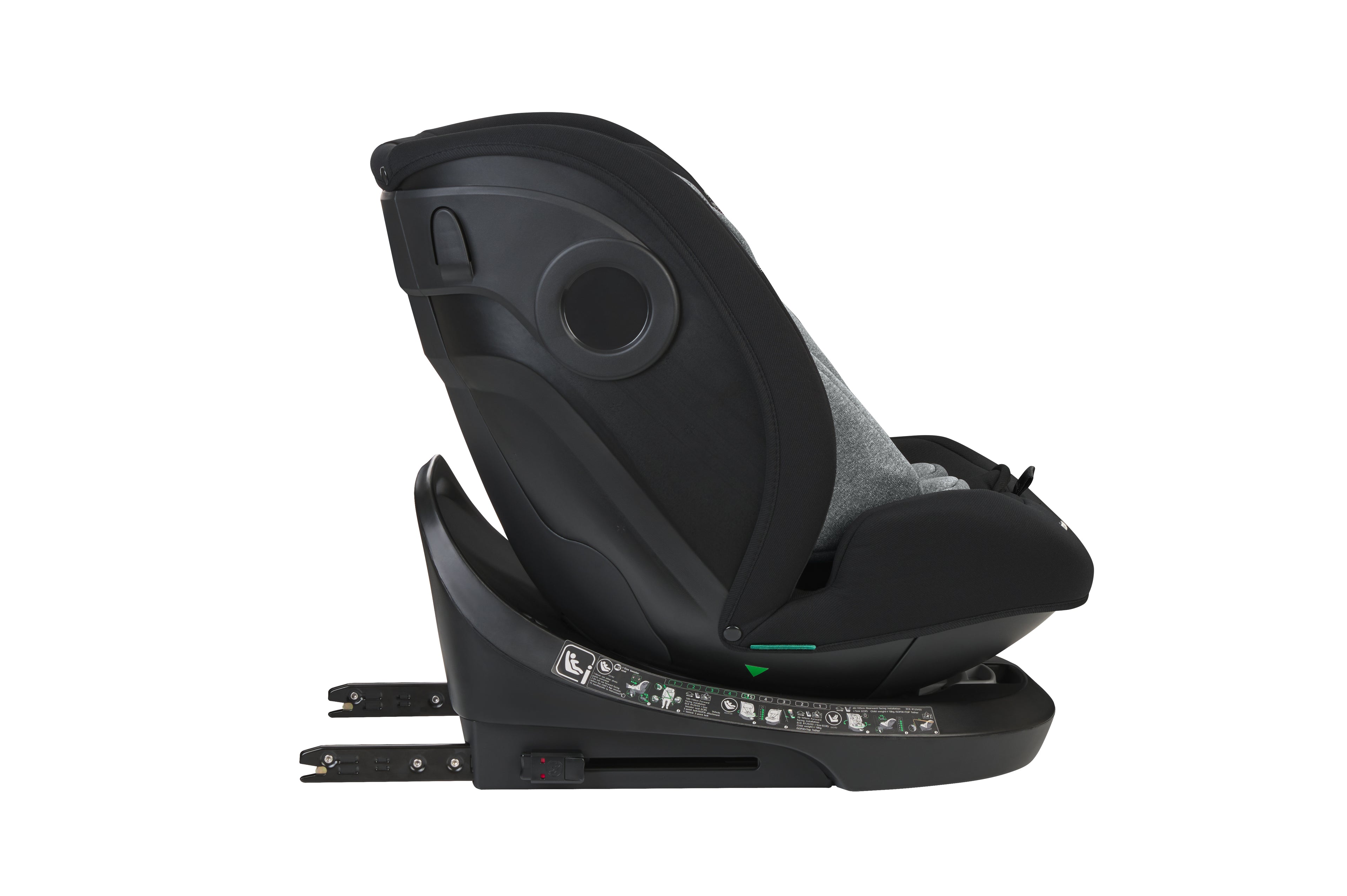 Cadeira auto Kikkaboo i-Hike preta, vista de perfil, com a base ISOFIX e o suporte de perna visíveis, focada na estrutura lateral.