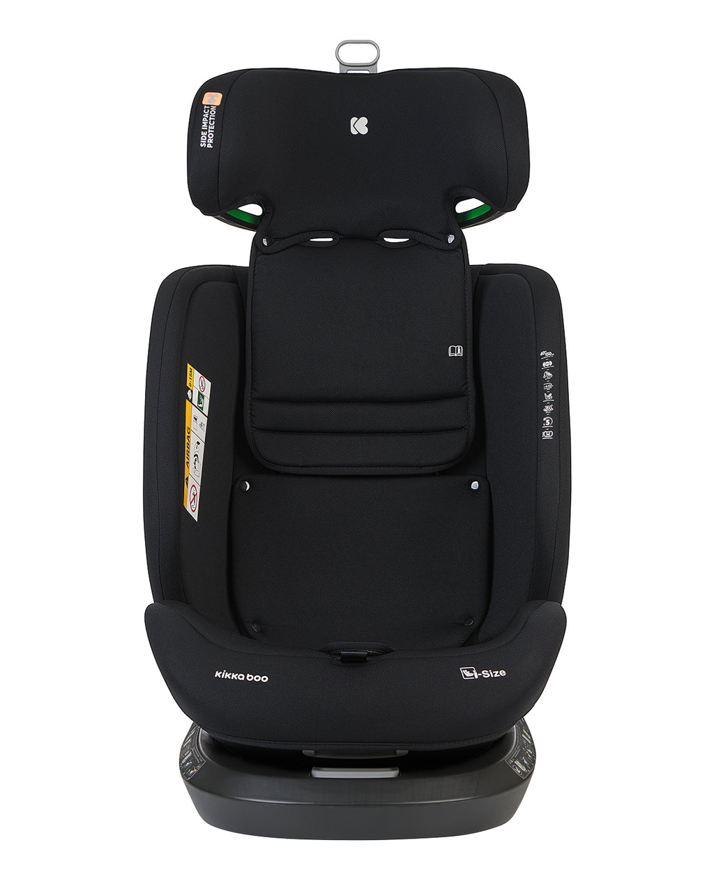 Cadeira auto Kikkaboo i-Hike preta, vista frontal, com apoio de cabeça ajustável e proteção lateral (Side Impact Protection).