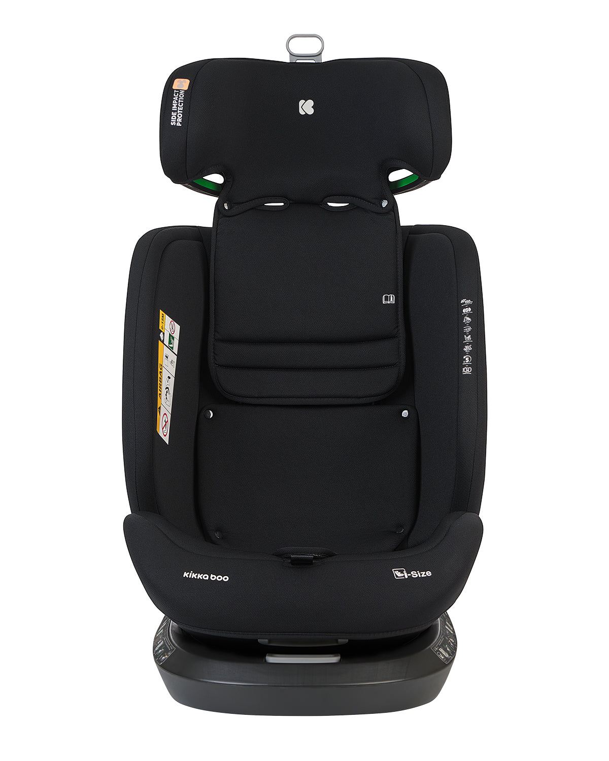 Cadeira auto Kikkaboo i-Hike preta, vista frontal, com apoio de cabeça ajustável e proteção lateral (Side Impact Protection).