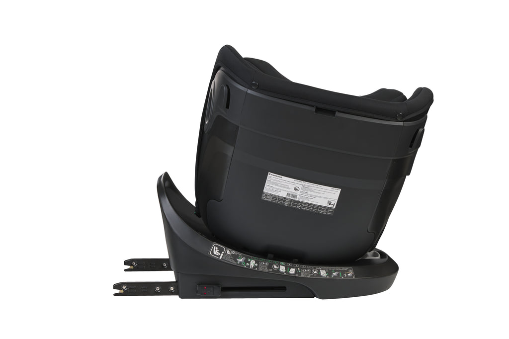 Vista traseira da base da cadeira auto Kikkaboo i-Hike, destacando a etiqueta de homologação R129 e os indicadores de instalação ISOFIX e pata de apoio.