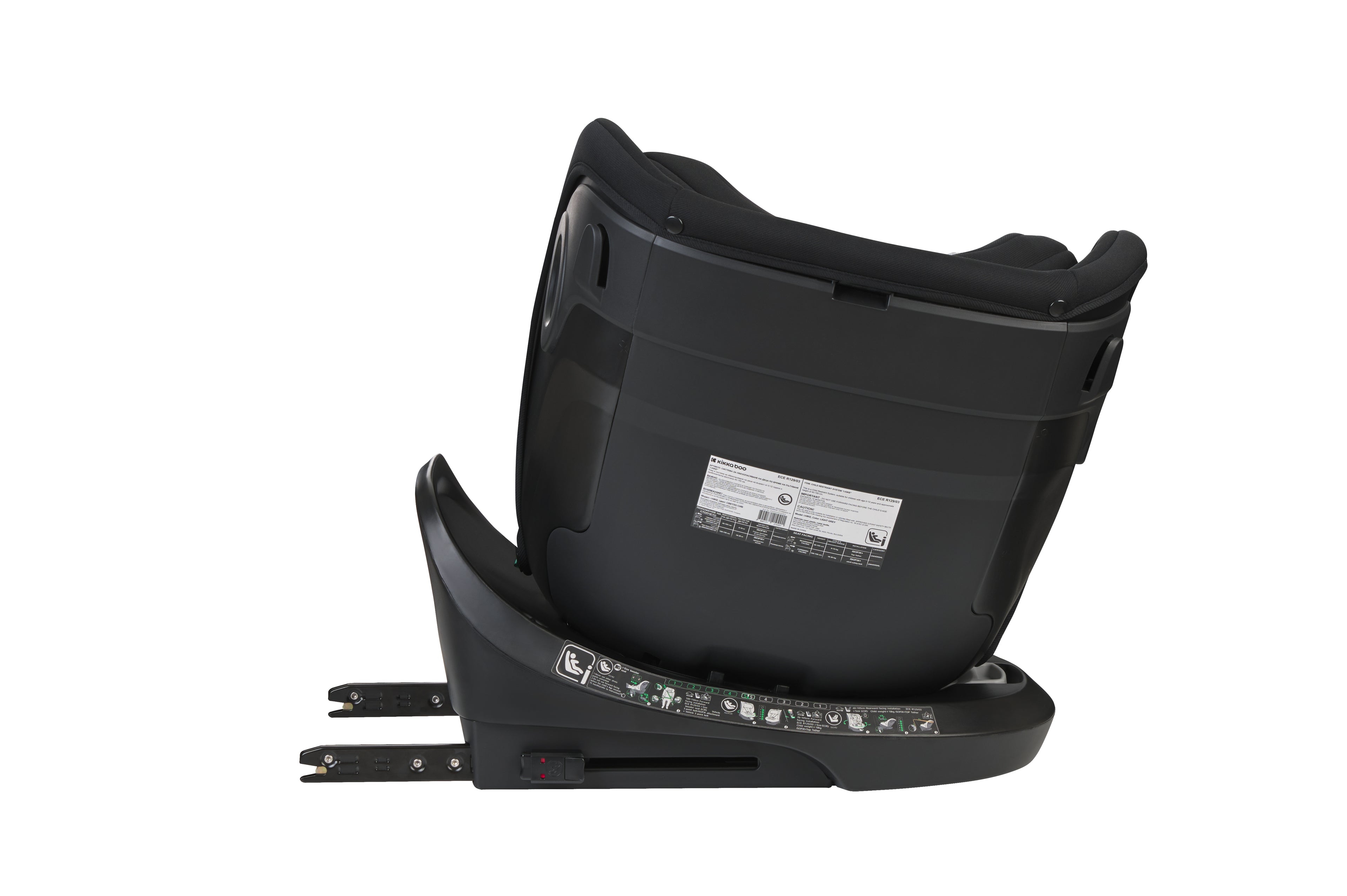 Vista traseira da base da cadeira auto Kikkaboo i-Hike, destacando a etiqueta de homologação R129 e os indicadores de instalação ISOFIX e pata de apoio.