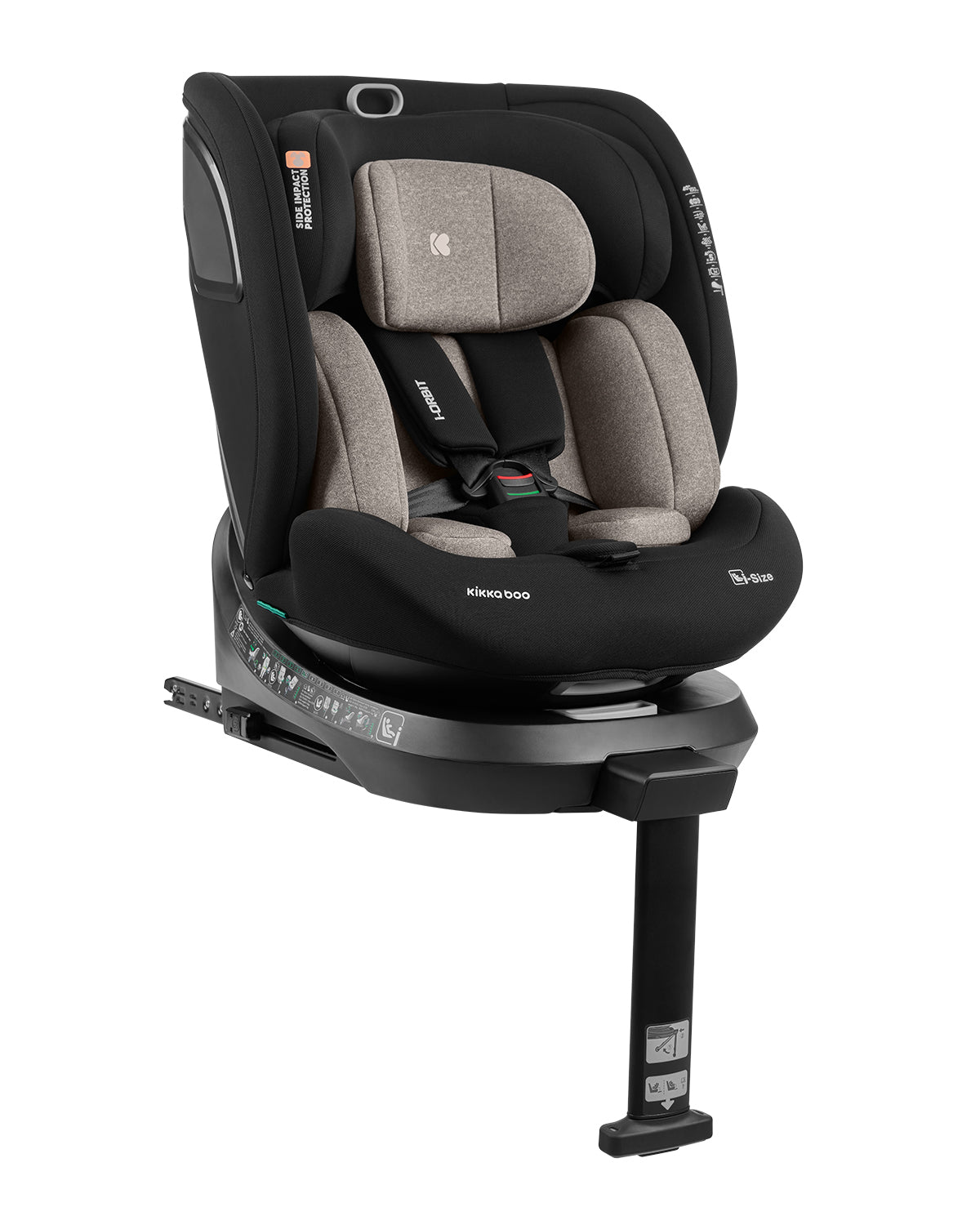 Cadeira auto Kikkaboo i-Orbit preta e bege, rotativa 360º, com arnês de 5 pontos e proteção lateral.