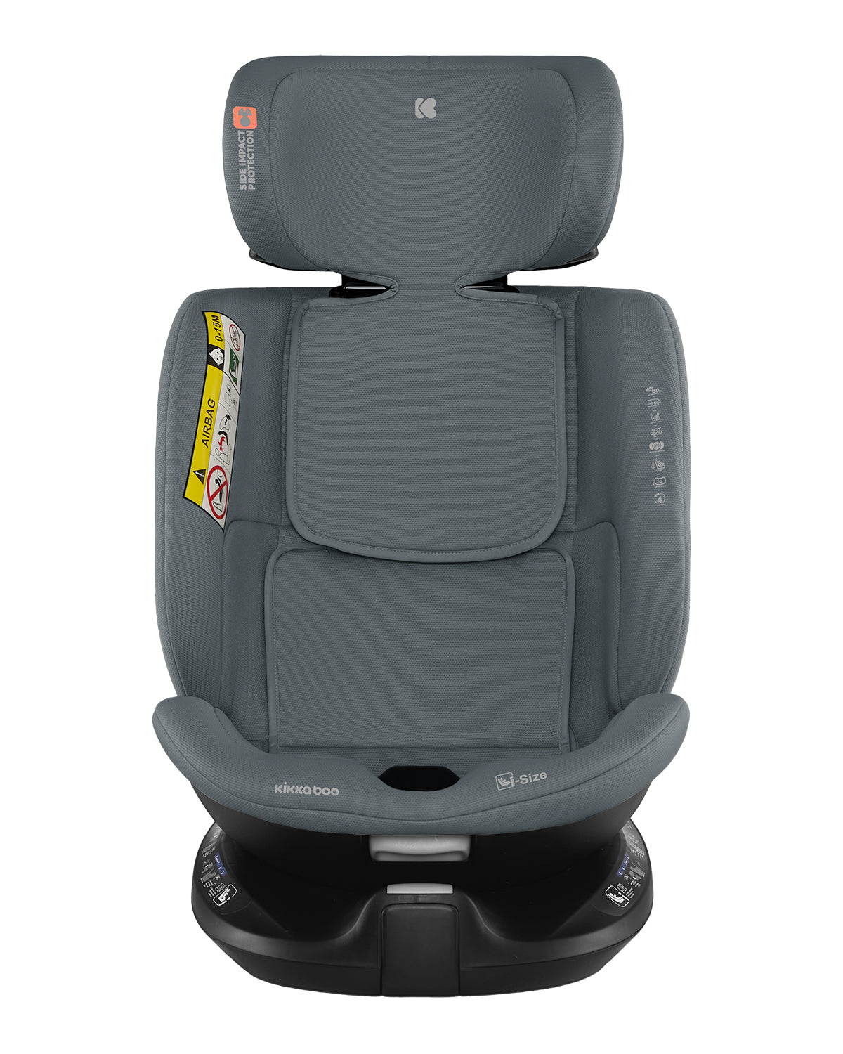 Cadeira auto Kikkaboo i-Tour vista frontalmente, com o apoio de cabeça totalmente levantado, sem o redutor de recém-nascido.