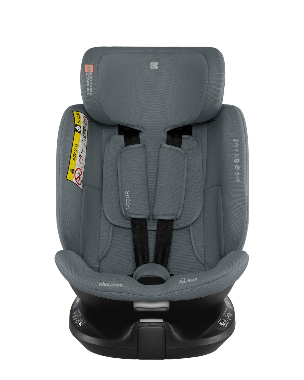 Cadeira auto Kikkaboo i-Tour com arnês de 5 pontos ajustado, mostrando o redutor interno e o apoio de cabeça.
