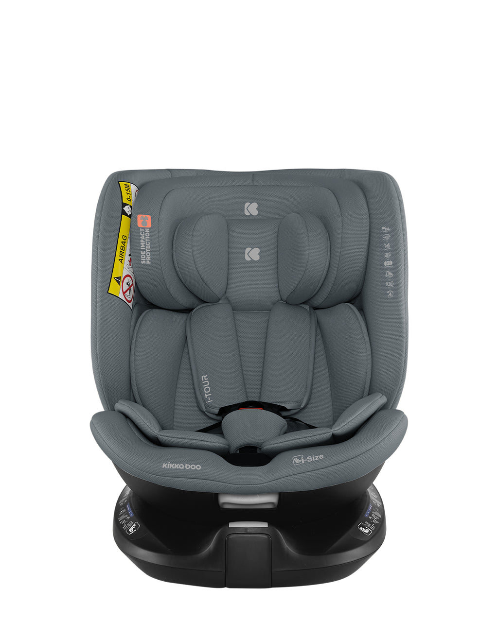 Cadeira auto Kikkaboo i-Tour cinzenta, vista frontal, destacando o design ergonómico e a certificação i-Size.