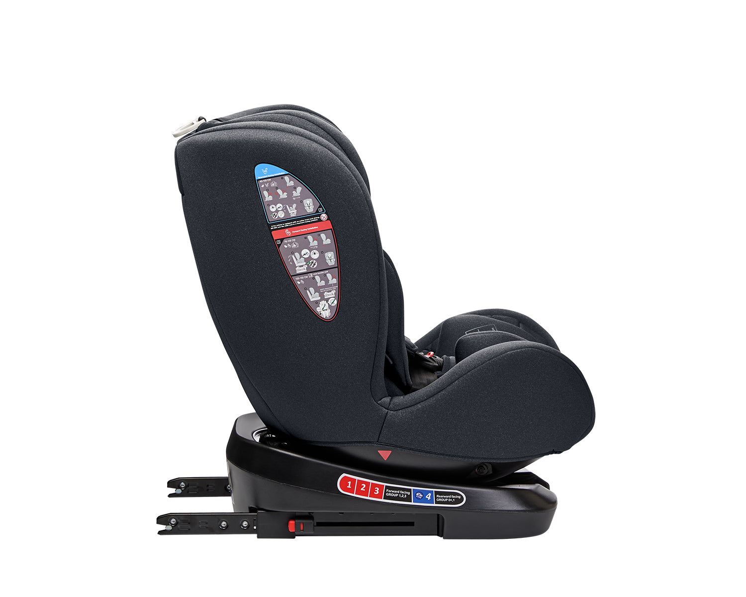 Cadeira auto Kikkaboo i-Trip com reclinação visível, mostrando o apoio de cabeça ajustável e o sistema de fixação ISOFIX na base.