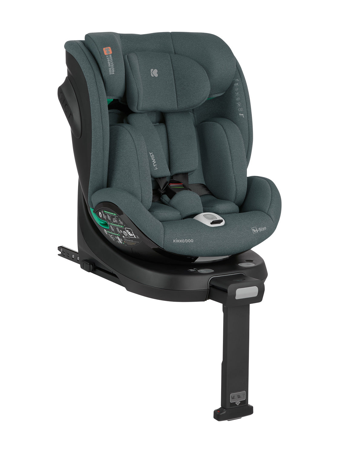 Cadeira auto Kikkaboo i-Twist i-Size verde-escura, rotativa 360º, com base ISOFIX e perna de apoio, vista frontal.