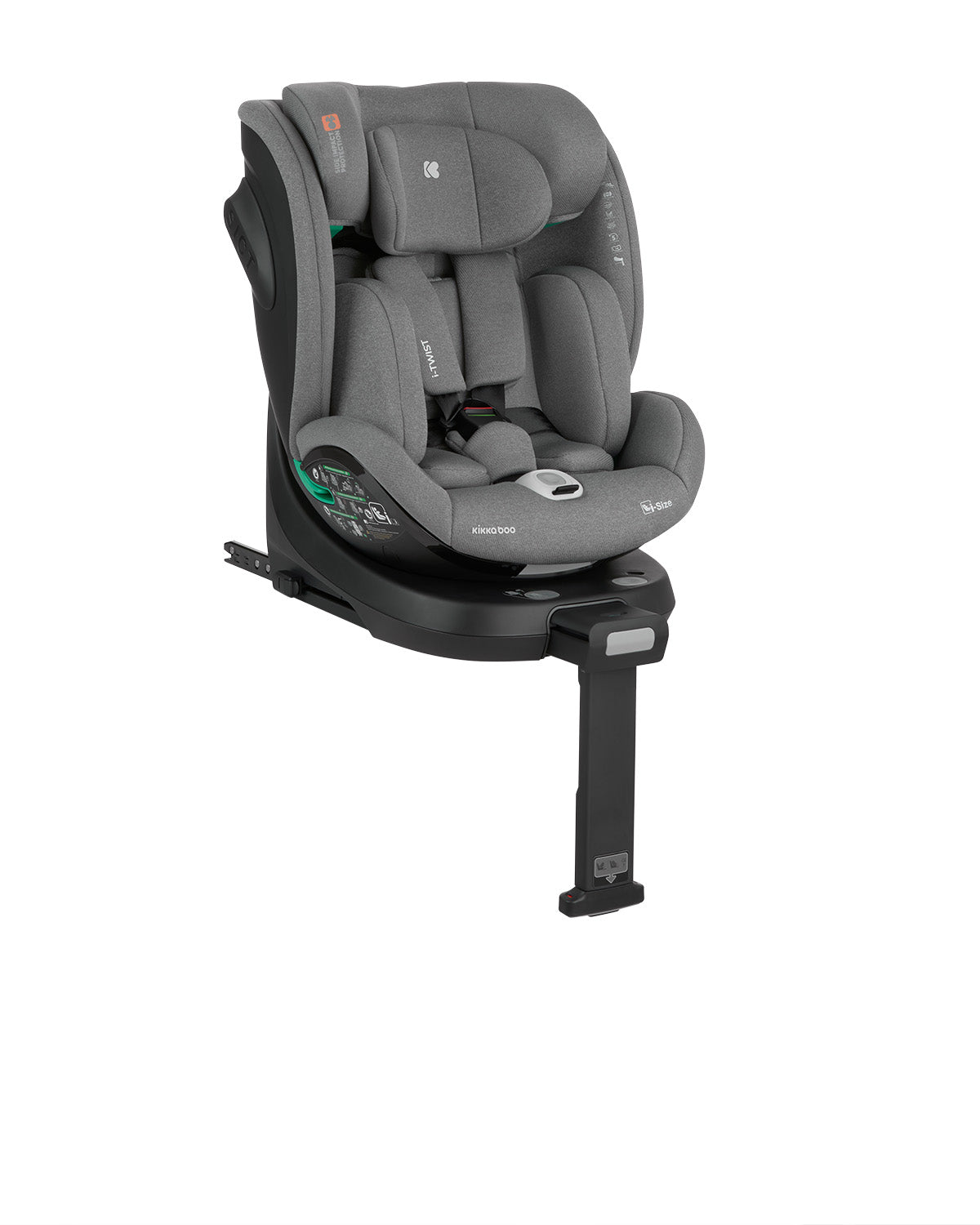 Cadeira auto Kikkaboo i-Twist cinzenta, rotativa 360º, com base ISOFIX e perna de apoio, vista em ângulo.