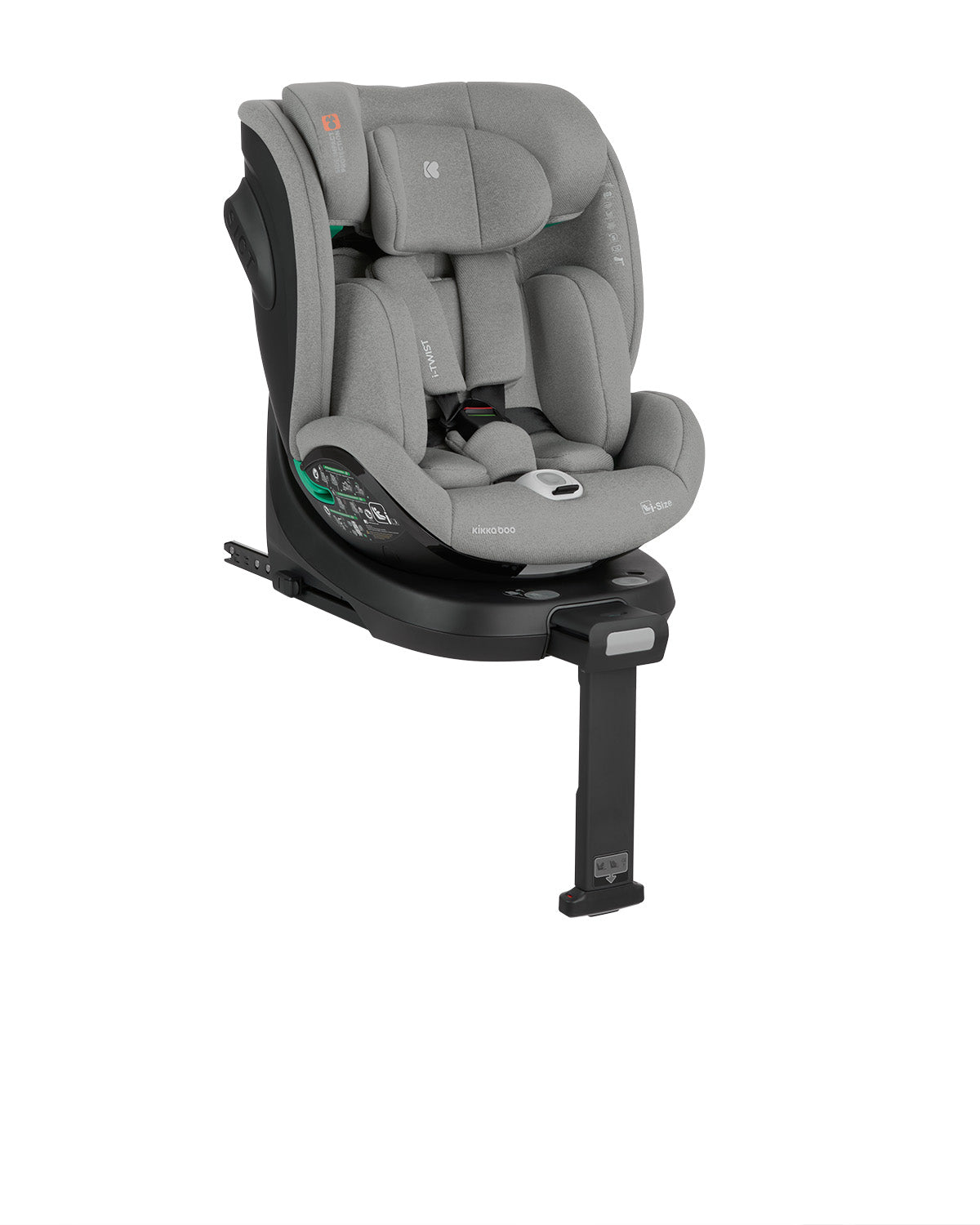 Vista frontal da cadeira auto Kikkaboo i-Twist cinzenta, com redutor e apoio de cabeça ajustável, destacando o conforto.