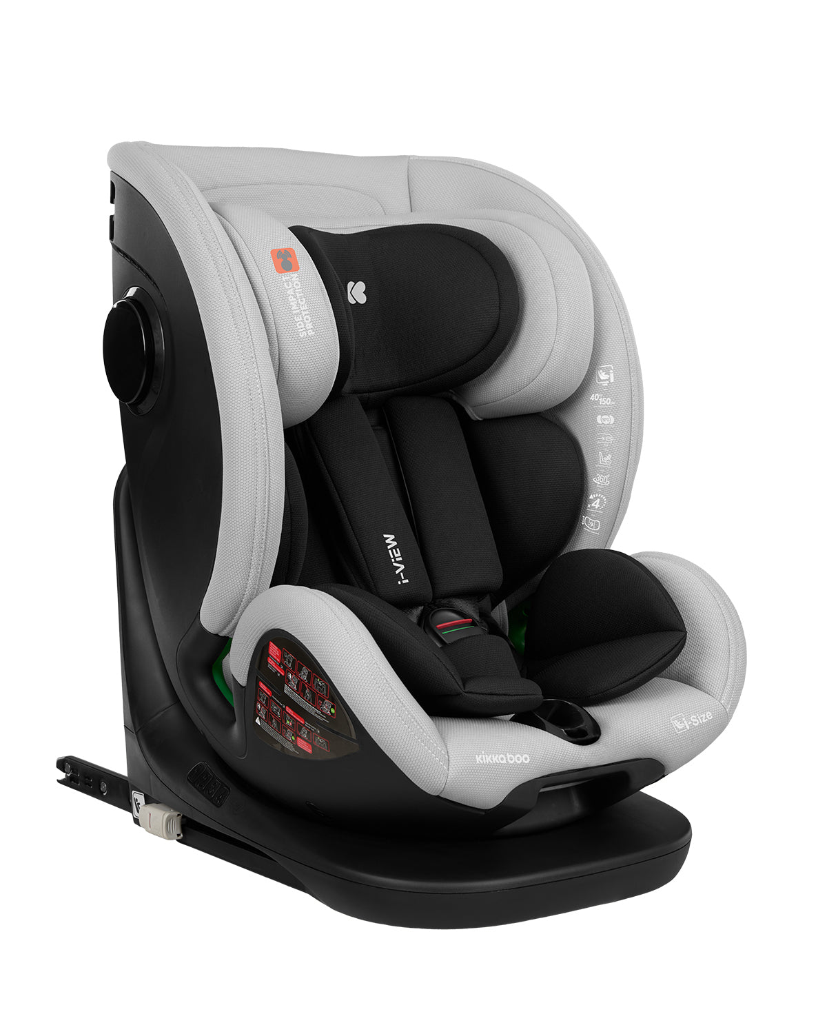 Cadeira auto Kikkaboo i-View multigrupos (40-150cm) em cinza claro e preto, vista frontal com base ISOFIX.