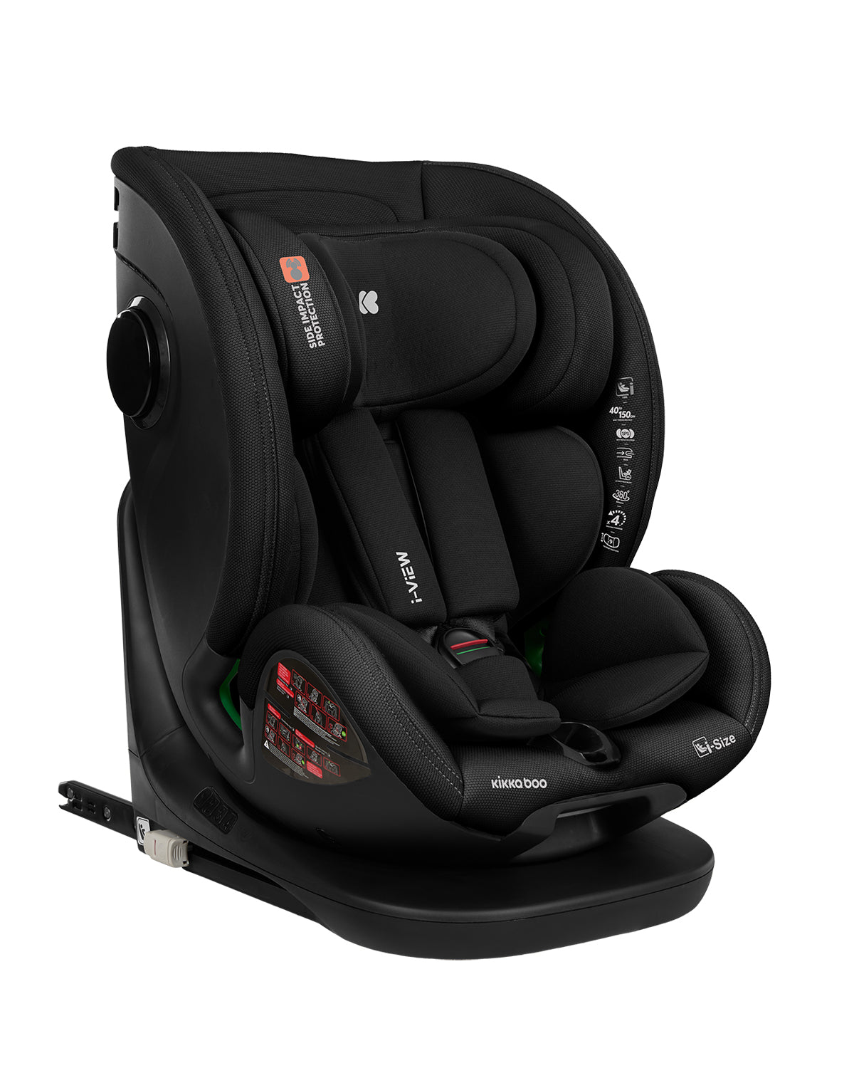 Cadeira auto Kikkaboo i-View multigrupos (40-150cm) totalmente preta, vista frontal com base ISOFIX e acolchoamento reforçado.