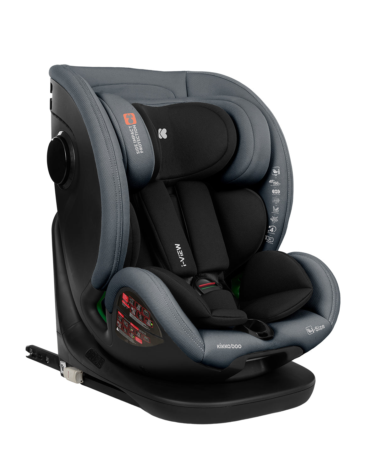 Cadeira auto Kikkaboo i-View 40-150cm em cinzento escuro, vista de três quartos, com arnês de 5 pontos e proteção lateral visível.
