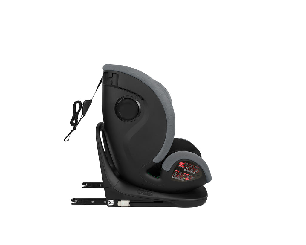 Vista lateral da base da cadeira auto Kikkaboo i-View, mostrando o mecanismo ISOFIX e a perna de apoio estendida, com o botão de rotação visível.