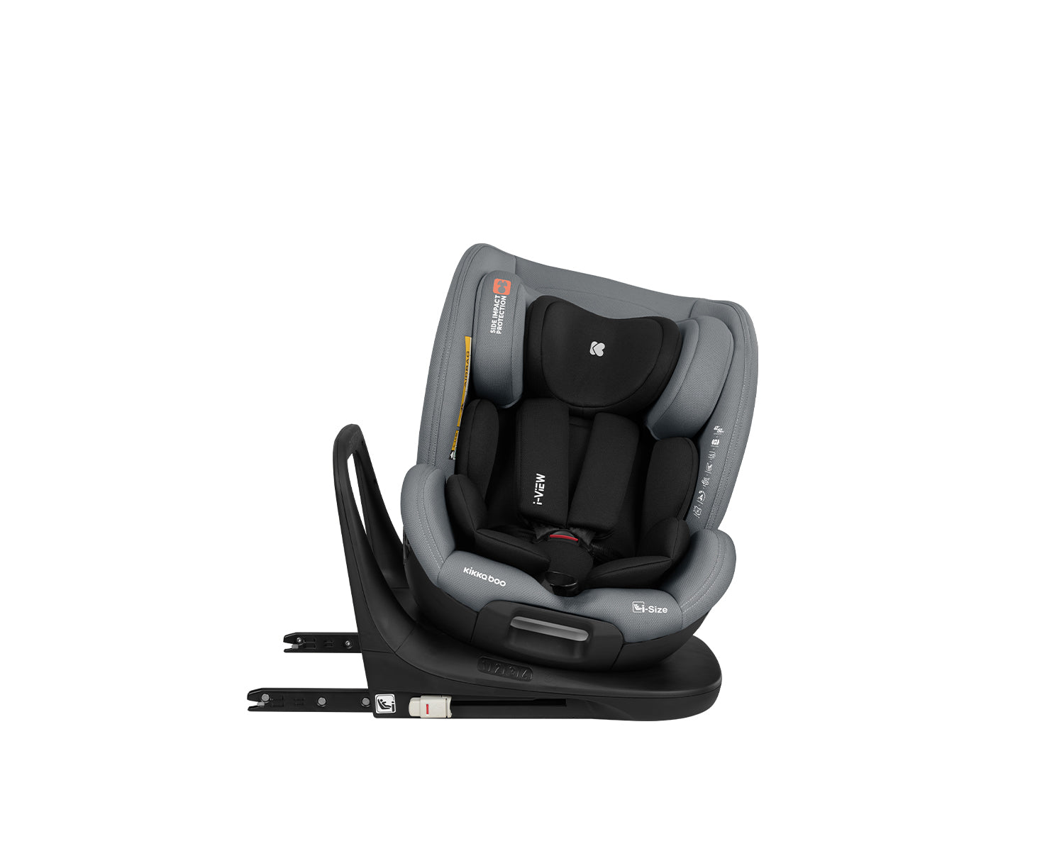 Cadeira auto Kikkaboo i-View em posição rotacionada, mostrando a base com os conectores ISOFIX e a alça de rotação, ideal para colocar a criança.